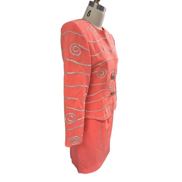 Vtg 80s Mob Wife Magali Collection Orange Wool Skirt Suit Gold Rope Design Sz 8 - Picture 3 of 9